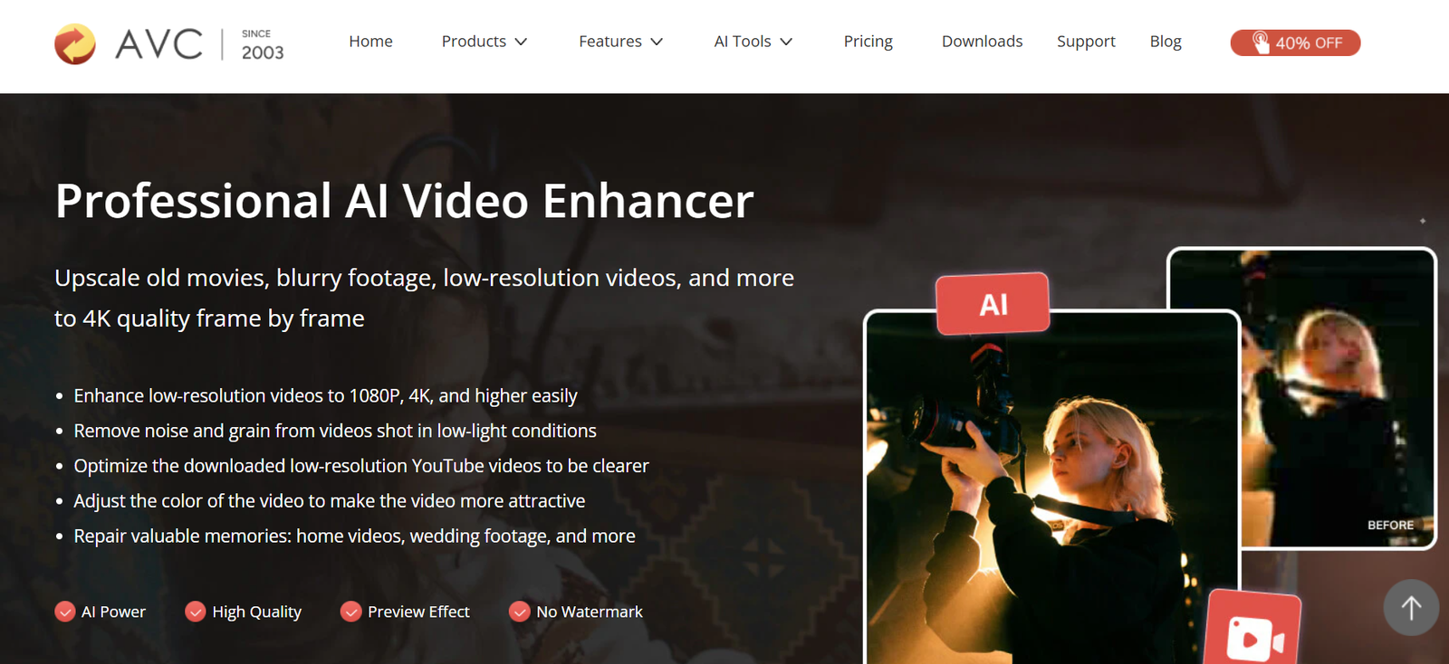69 - Hero banner promoting Professional AI Video Enhancer with a features list and a collage of video frames on a dark background, conveying upscaling and quality improvements