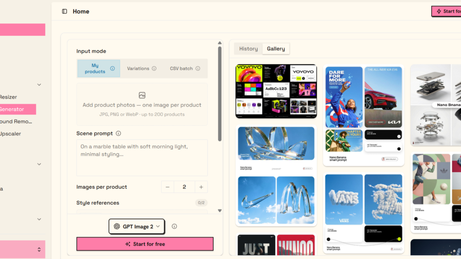Screenshot of the PixBulk app: left sidebar with Home highlighted, center input/settings panel, and a right-side gallery of image thumbnails.