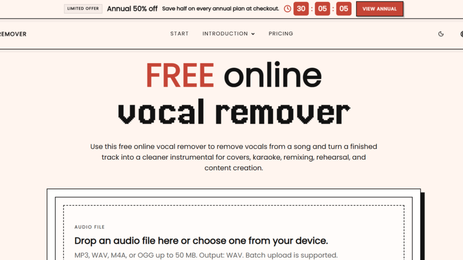 7 - Hero banner for Vocal Remover: 'FREE online vocal remover' headline with a sentence about removing vocals for covers, karaoke, remixes, and content creation.