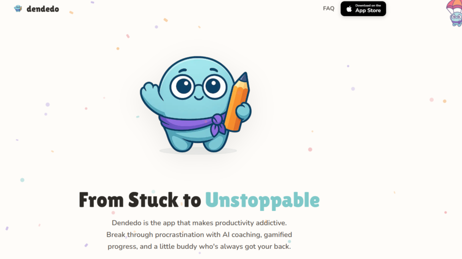 7 - Cheerful blue cartoon mascot with a purple scarf waving and holding a yellow-orange pencil; hero illustration for Dendedo's homepage.