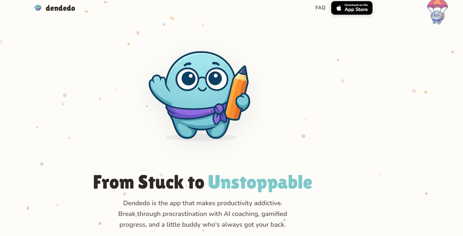 7 - Cheerful blue cartoon mascot with a purple scarf waving and holding a yellow-orange pencil; hero illustration for Dendedo's homepage.