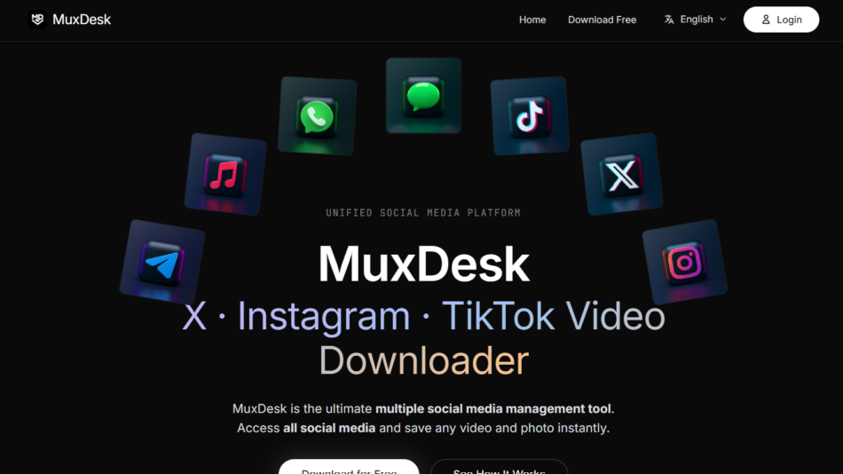 Hero banner with a ring of social app icons orbiting a dark background around central 'MuxDesk' text, promoting the platform.