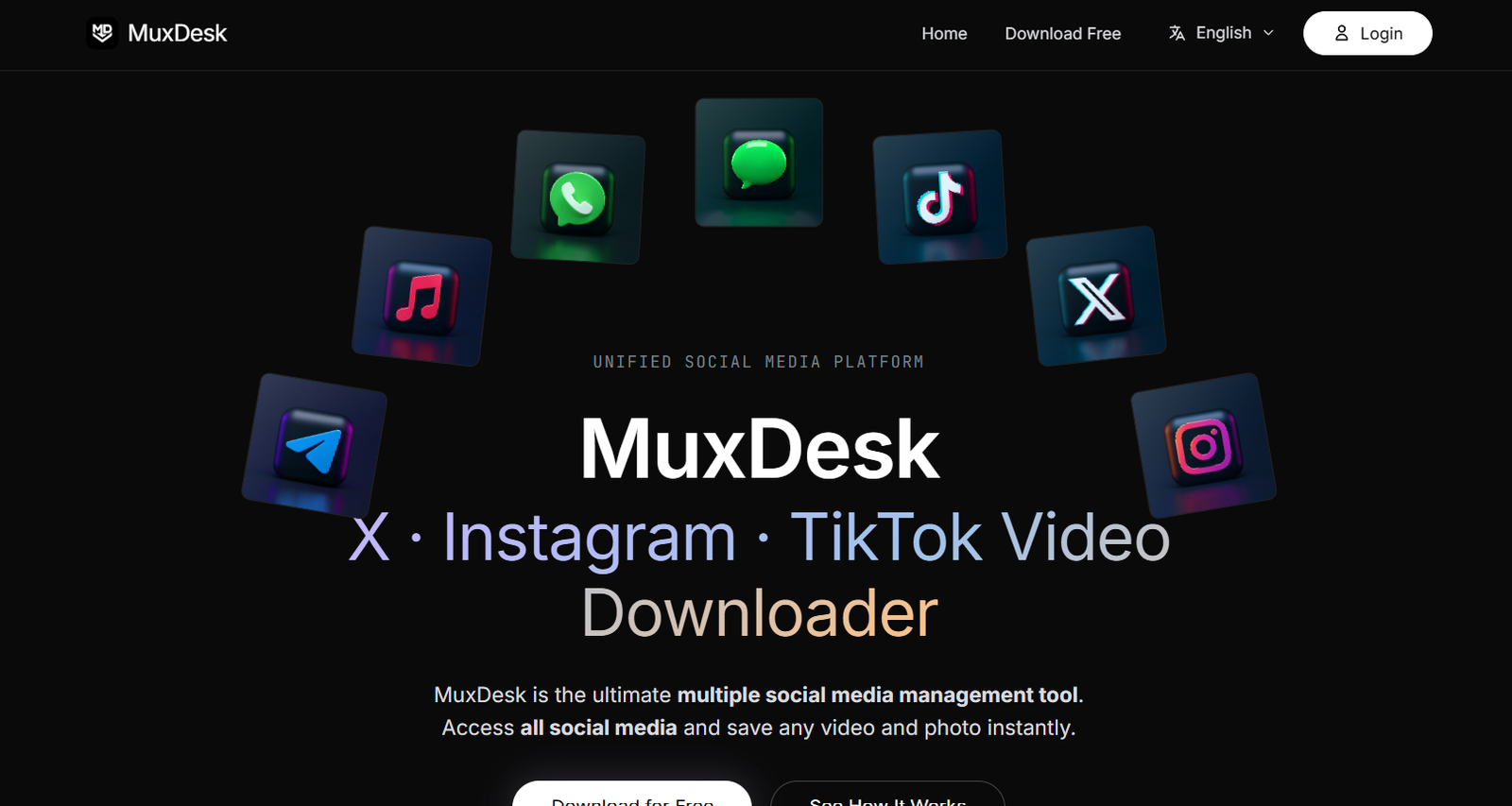 7 - Hero banner with a ring of social app icons orbiting a dark background around central 'MuxDesk' text, promoting the platform.
