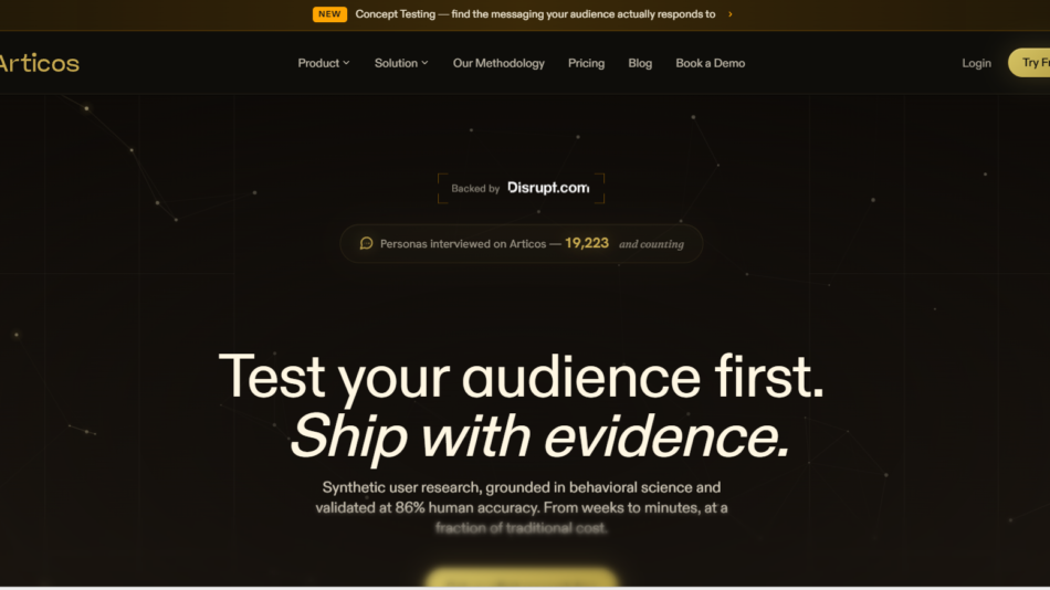 Dark hero section of the Articos website featuring a network-style background and the headline: "Test your audience first. Ship with evidence." with a smaller descriptive subheading below.