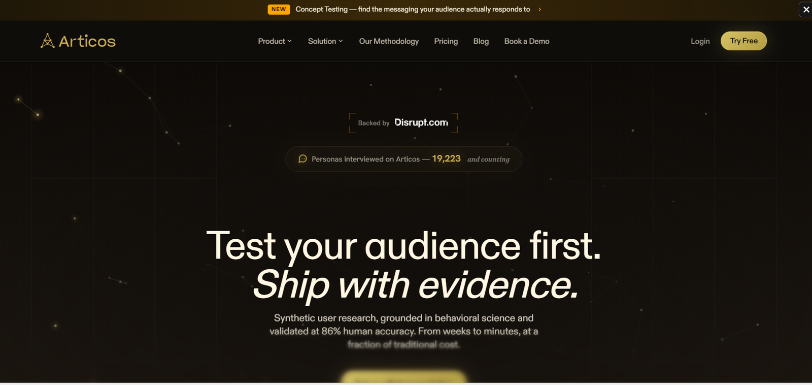 7 - Dark hero section of the Articos website featuring a network-style background and the headline: "Test your audience first. Ship with evidence." with a smaller descriptive subheading below.