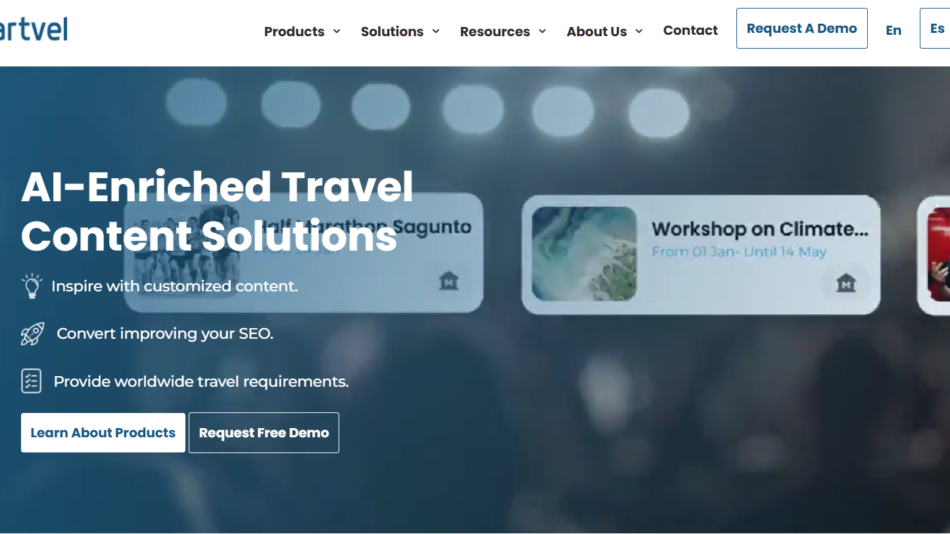 7 - Smartvel hero: AI-enriched travel content solutions with feature bullets and two CTAs on a blue background.
