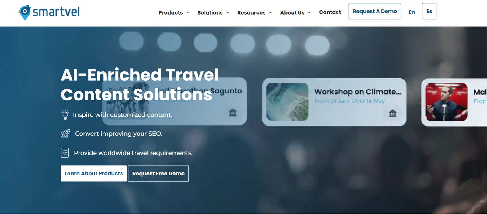 7 - Smartvel hero: AI-enriched travel content solutions with feature bullets and two CTAs on a blue background.