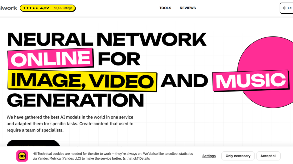 7 - Bold headline: Neural Network online for image, video and music generation, with pink and yellow highlight banners and a pink circle on the right.