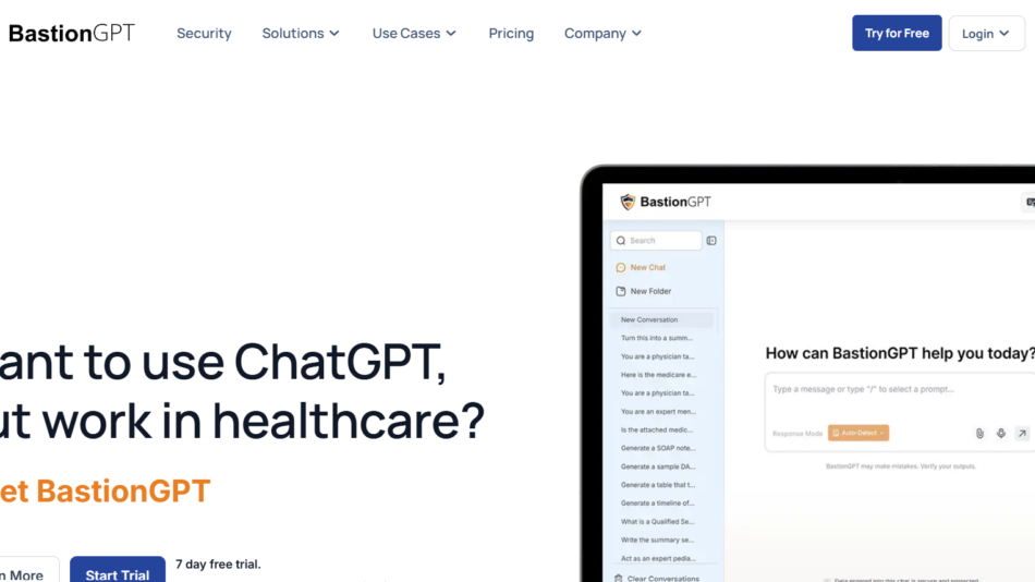 7 - Hero header for BastionGPT: large headline inviting use of ChatGPT in healthcare with callout 'Meet BastionGPT' and a partial image of a laptop UI on the right.