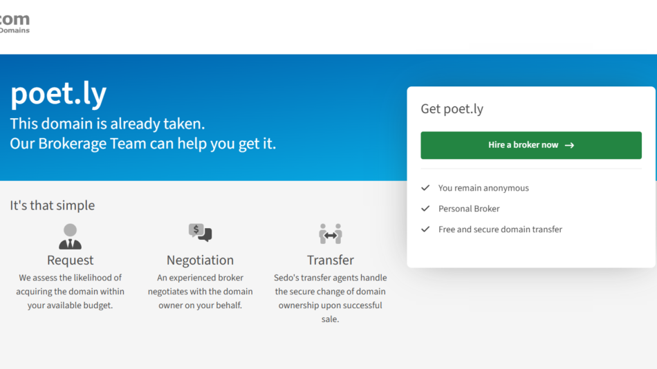 7 - Hero banner: poet.ly domain is taken with a brokerage offer and a 'Hire a broker now' modal on the right.