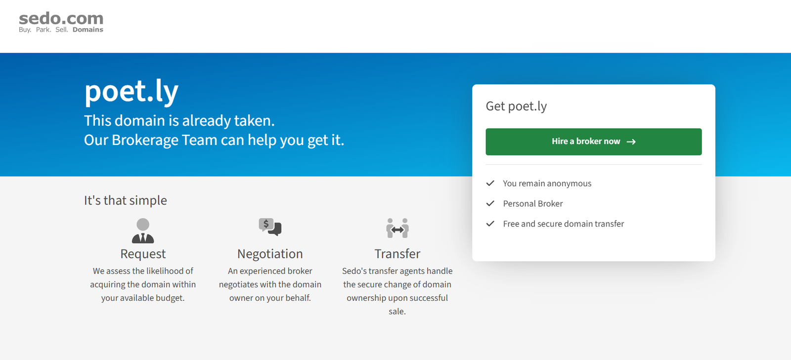 7 - Hero banner: poet.ly domain is taken with a brokerage offer and a 'Hire a broker now' modal on the right.