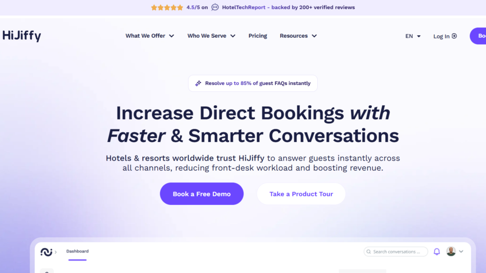 70 - HiJiffy homepage hero with logo in the top left, a soft lavender gradient background, the headline 'Increase Direct Bookings with Faster & Smarter Conversations', a subtitle, and two call‑to‑action buttons: 'Book a Free Demo' and 'Take a Product Tour'.