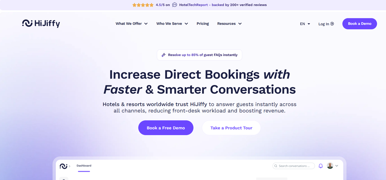 70 - HiJiffy homepage hero with logo in the top left, a soft lavender gradient background, the headline 'Increase Direct Bookings with Faster & Smarter Conversations', a subtitle, and two call‑to‑action buttons: 'Book a Free Demo' and 'Take a Product Tour'.