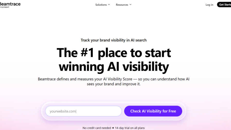 70 - Hero section promoting AI visibility tracking: bold headline 'The #1 place to start winning AI visibility' with subtitle and gradient background area containing an input and 'Check AI Visibility for Free' button.