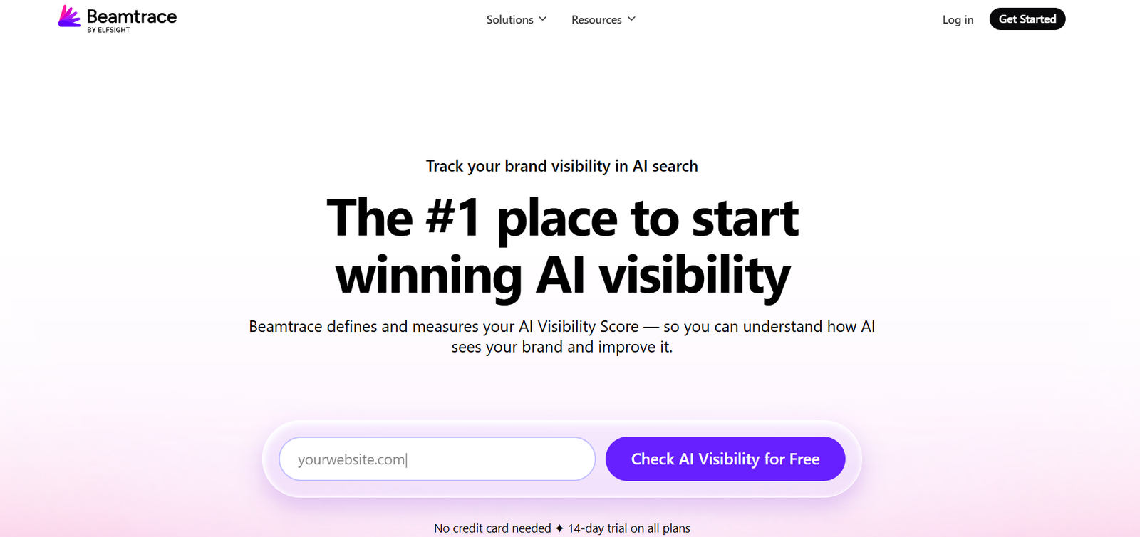 70 - Hero section promoting AI visibility tracking: bold headline 'The #1 place to start winning AI visibility' with subtitle and gradient background area containing an input and 'Check AI Visibility for Free' button.