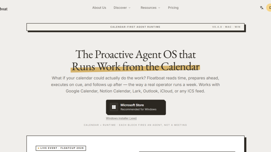 Hero section for Floatboat: 'The Proactive Agent OS that Runs Work from the Calendar' with supporting subtitle about calendar-powered automation and integrations, logo at top-left.