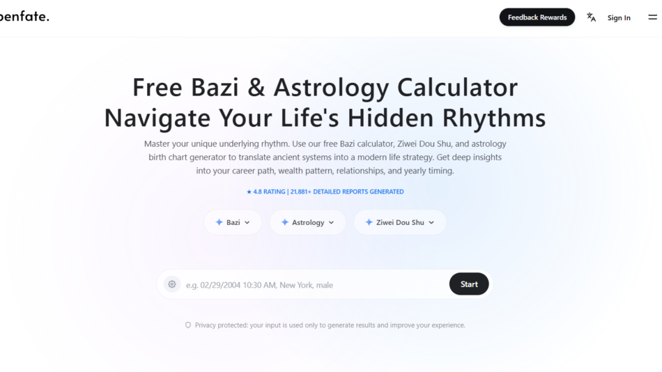 Open Fate home page hero: 'Free Bazi & Astrology Calculator Navigate Your Life's Hidden Rhythms' with descriptive subtitle and soft gradient background.