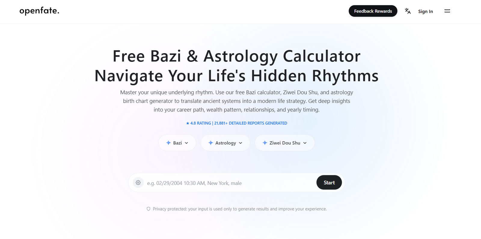 71 - Open Fate home page hero: 'Free Bazi & Astrology Calculator Navigate Your Life's Hidden Rhythms' with descriptive subtitle and soft gradient background.