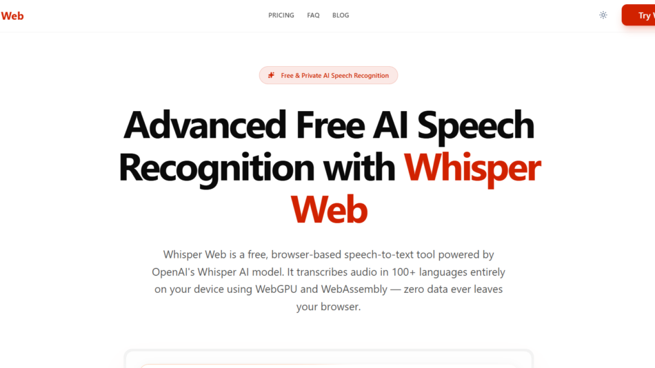 71 - Whisper Web hero: bold headline about advanced free AI speech recognition with Whisper Web and a small red badge above the text