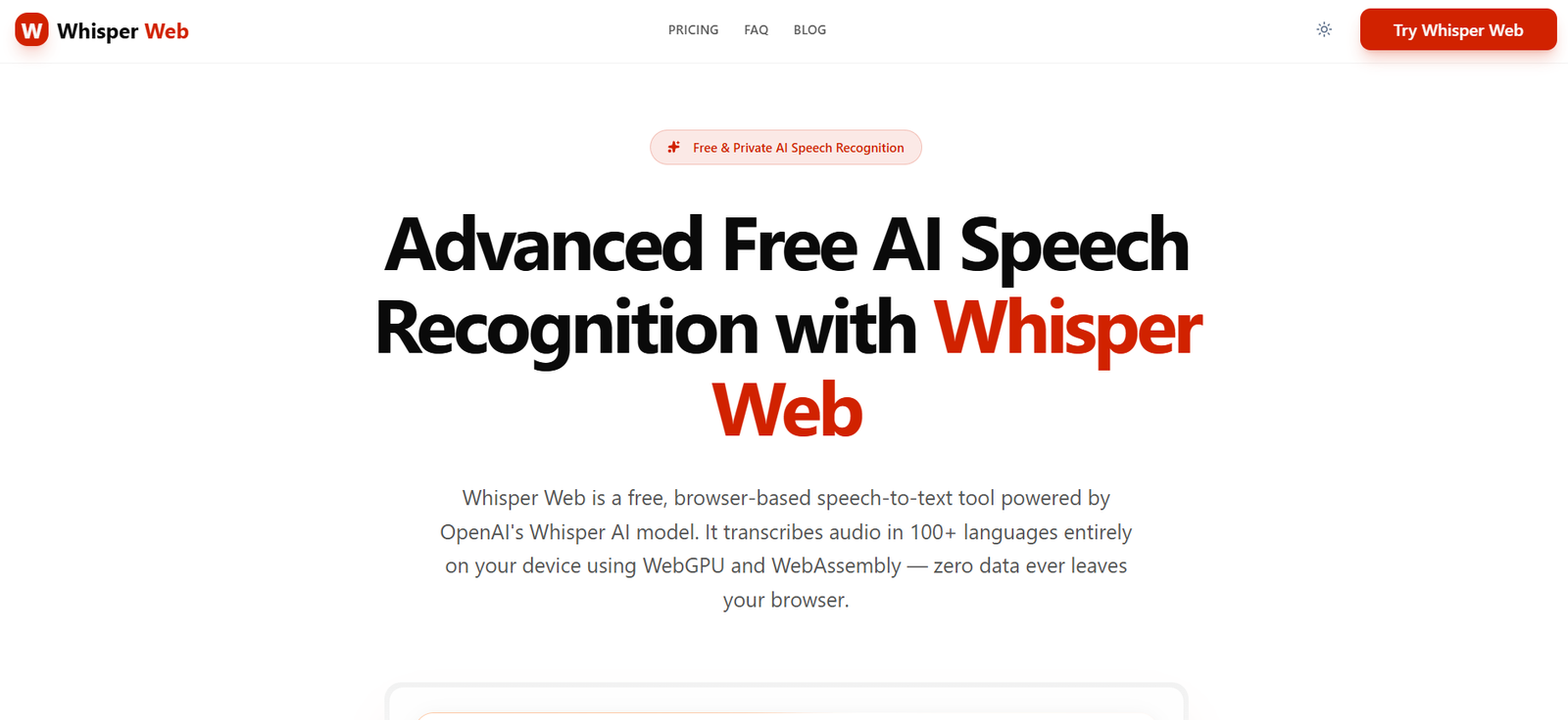 71 - Whisper Web hero: bold headline about advanced free AI speech recognition with Whisper Web and a small red badge above the text