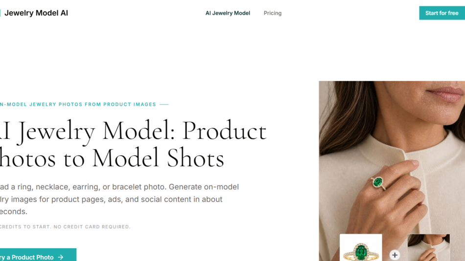 71 - Hero section with a model wearing an emerald ring on her finger; left shows large typography about AI Jewelry Model.
