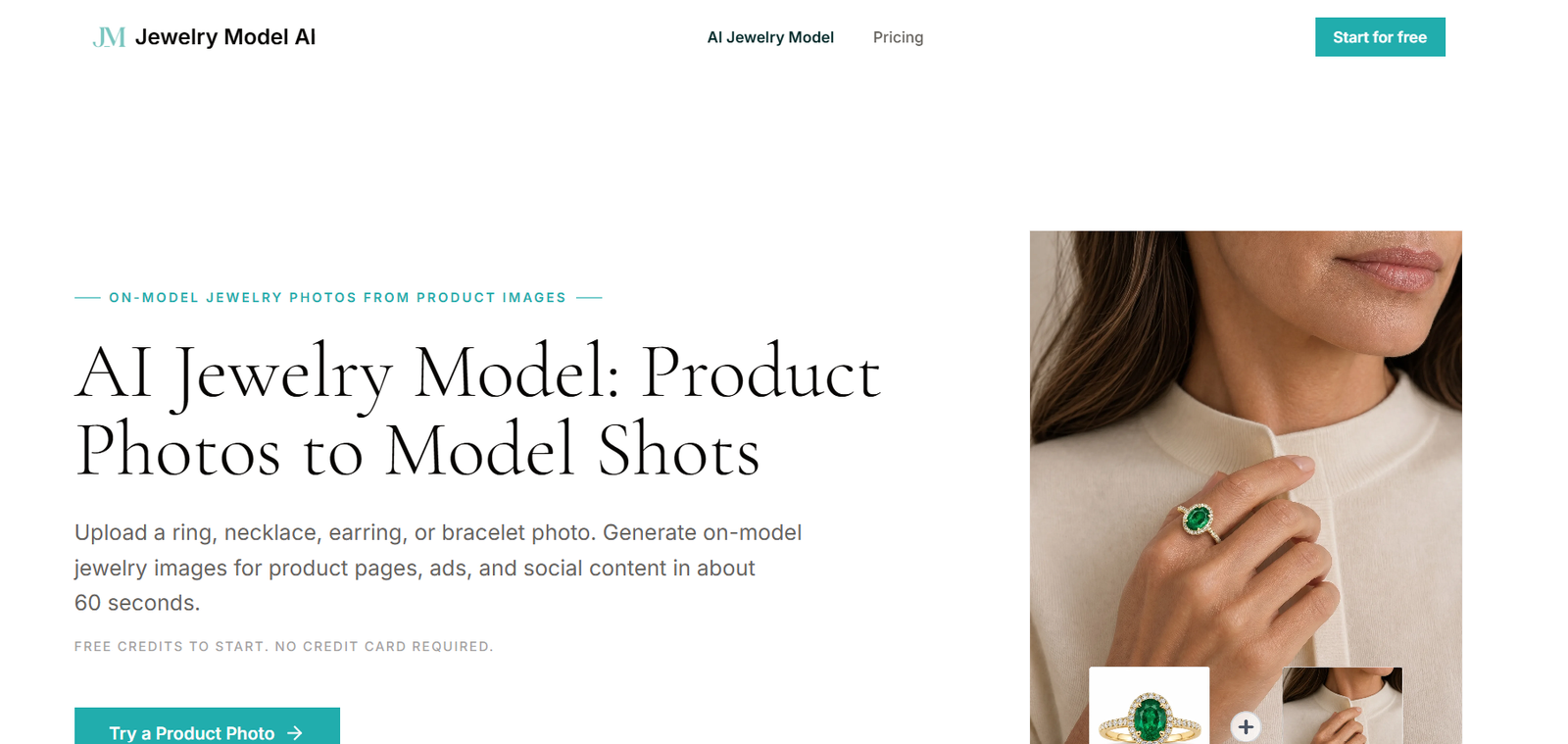 71 - Hero section with a model wearing an emerald ring on her finger; left shows large typography about AI Jewelry Model.