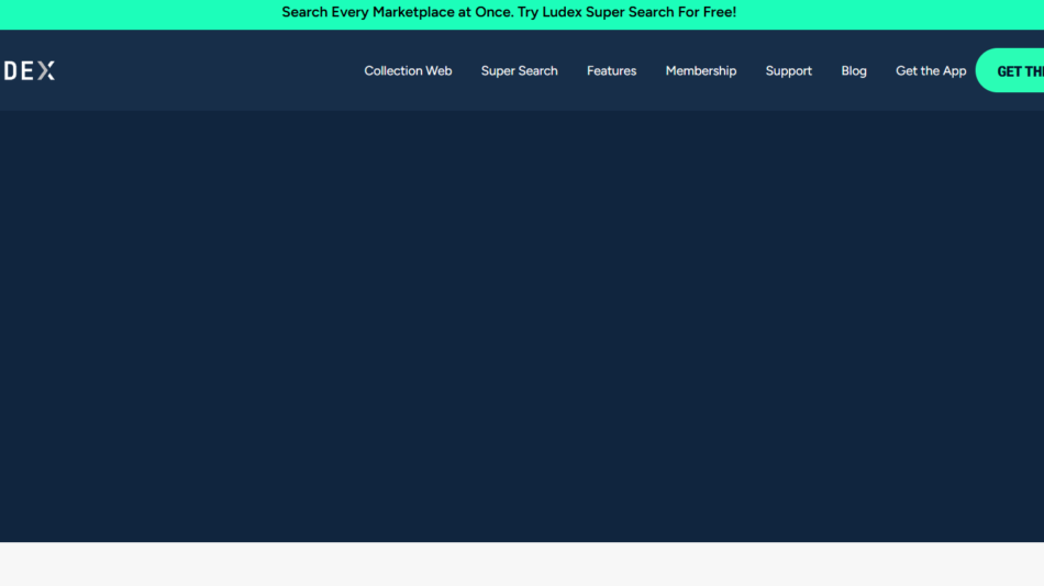Ludex website header: teal promo banner across top, dark blue navigation bar with logo and links, and a rounded green 'GET THE APP' button.