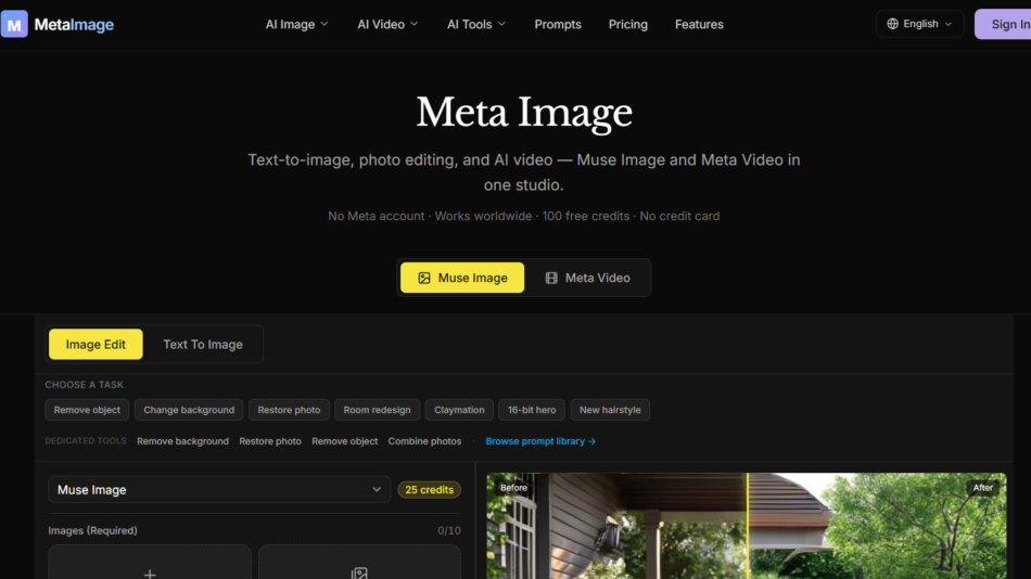 72 - Dark UI hero of Meta Image studio: large 'Meta Image' title, subtitle about text-to-image and AI editing, with yellow 'Muse Image' button and options 'Meta Video'
