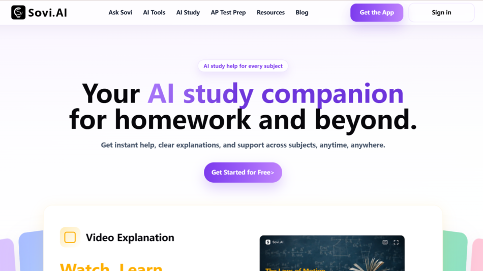 72 - Hero banner for Sovi.AI: 'Your AI study companion for homework and beyond' with purple accent and a 'Get Started for Free' CTA button (top navigation visible).