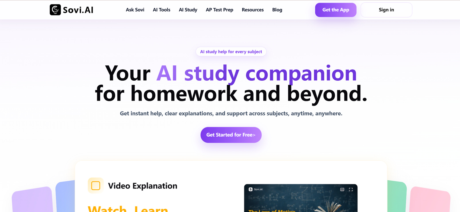 72 - Hero banner for Sovi.AI: 'Your AI study companion for homework and beyond' with purple accent and a 'Get Started for Free' CTA button (top navigation visible).