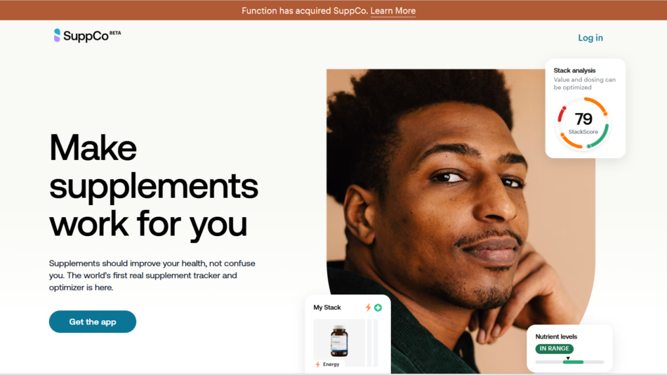 73 - Hero section with a man’s close-up portrait on the right and floating UI cards promoting a supplement-tracking app.