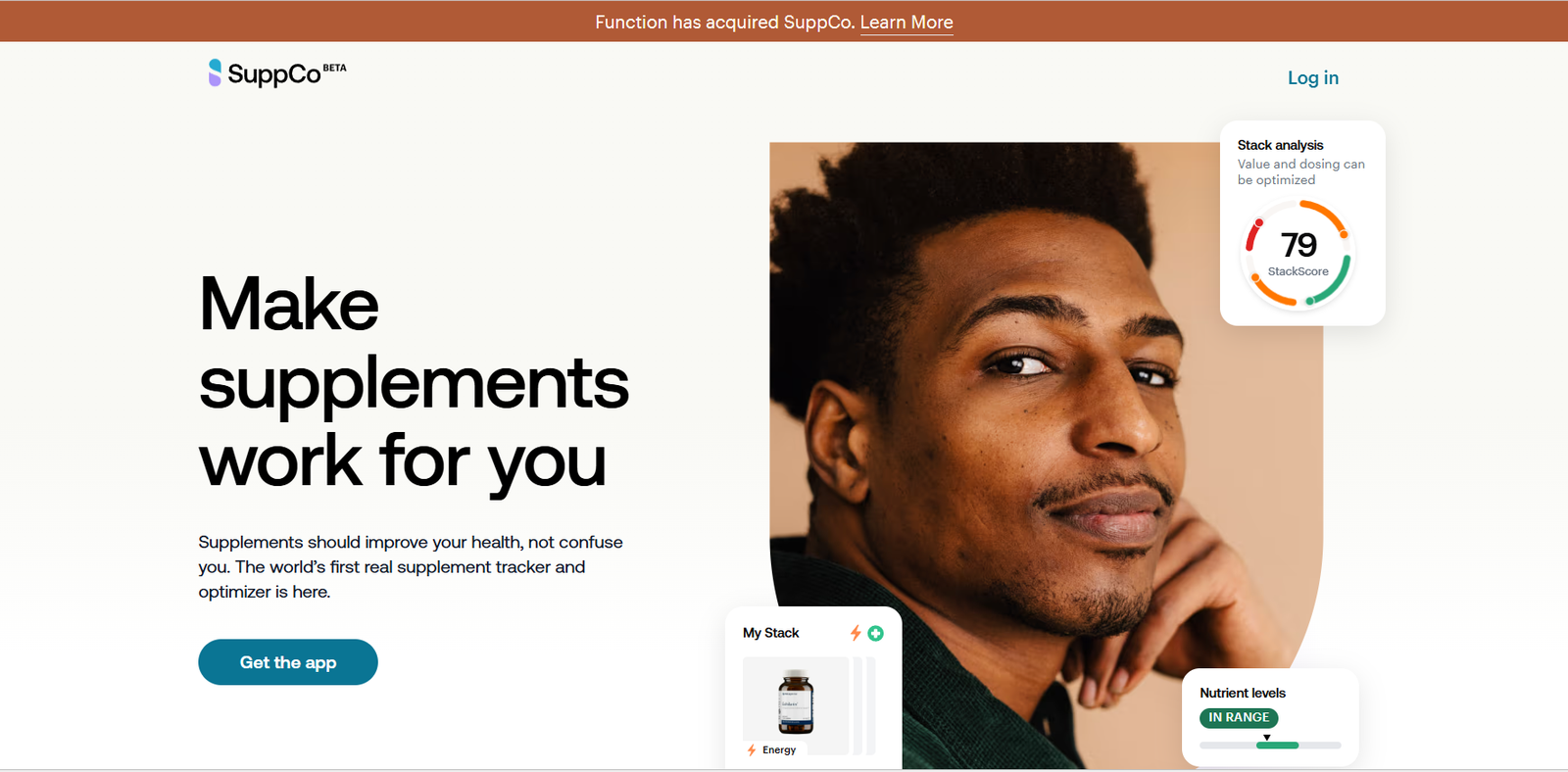 73 - Hero section with a man’s close-up portrait on the right and floating UI cards promoting a supplement-tracking app.