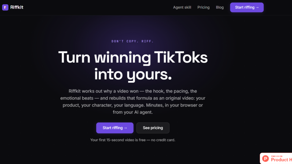 73 - Hero section: dark gradient background with bold headline 'Turn winning TikToks into yours.' and two CTA buttons, marketing layout.