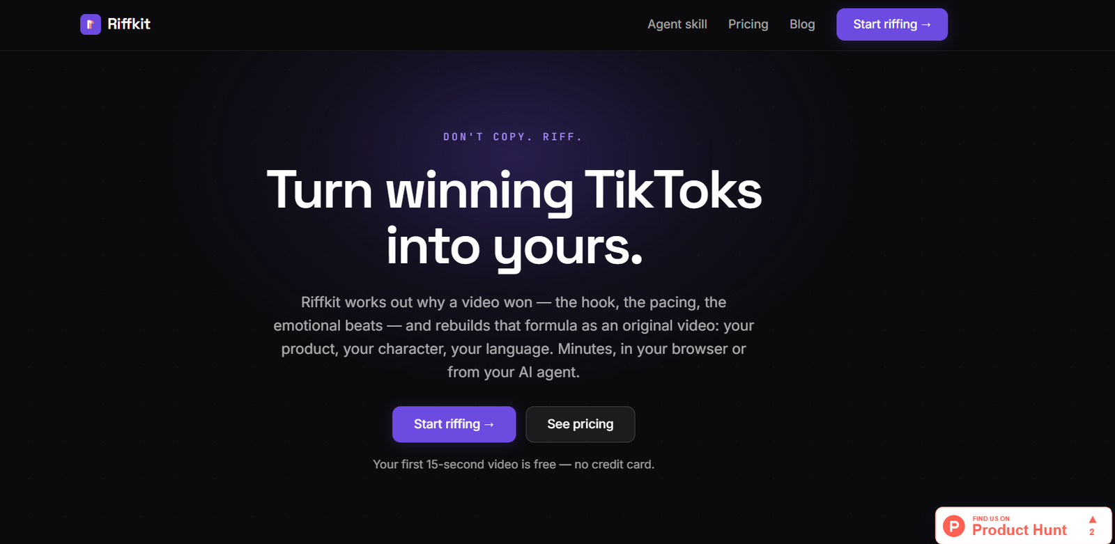 73 - Hero section: dark gradient background with bold headline 'Turn winning TikToks into yours.' and two CTA buttons, marketing layout.