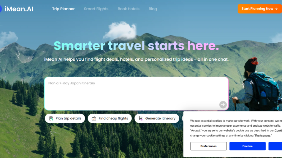 74 - Mountain landscape hero with gradient text 'Smarter travel starts here', navigation links, a search box, and three rounded action pills.