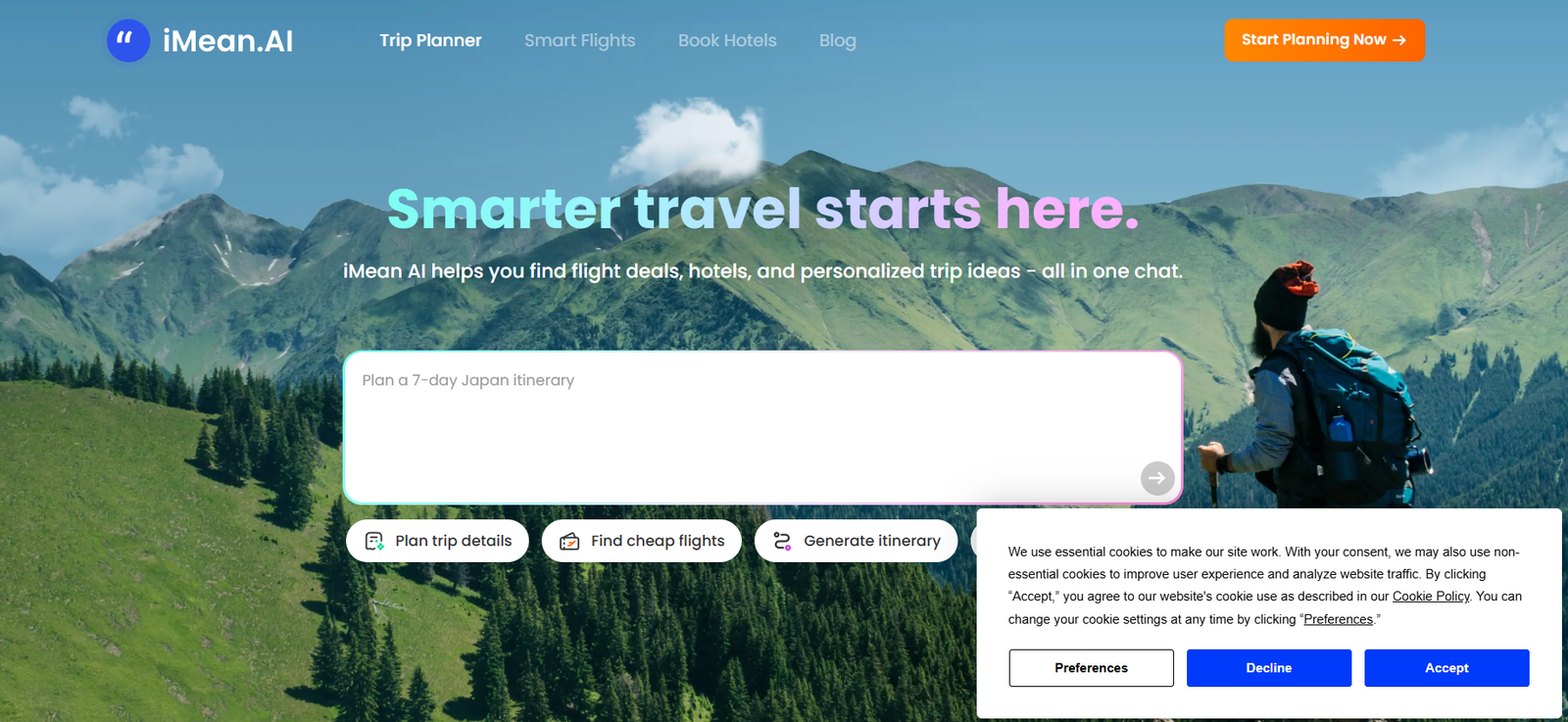74 - Mountain landscape hero with gradient text 'Smarter travel starts here', navigation links, a search box, and three rounded action pills.