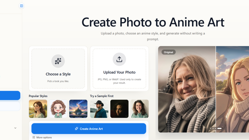 75 - Screenshot of the AnimeGen app UI: left navigation menu, central options to Choose a Style or Upload Your Photo, and a large two-panel anime art preview on the right.