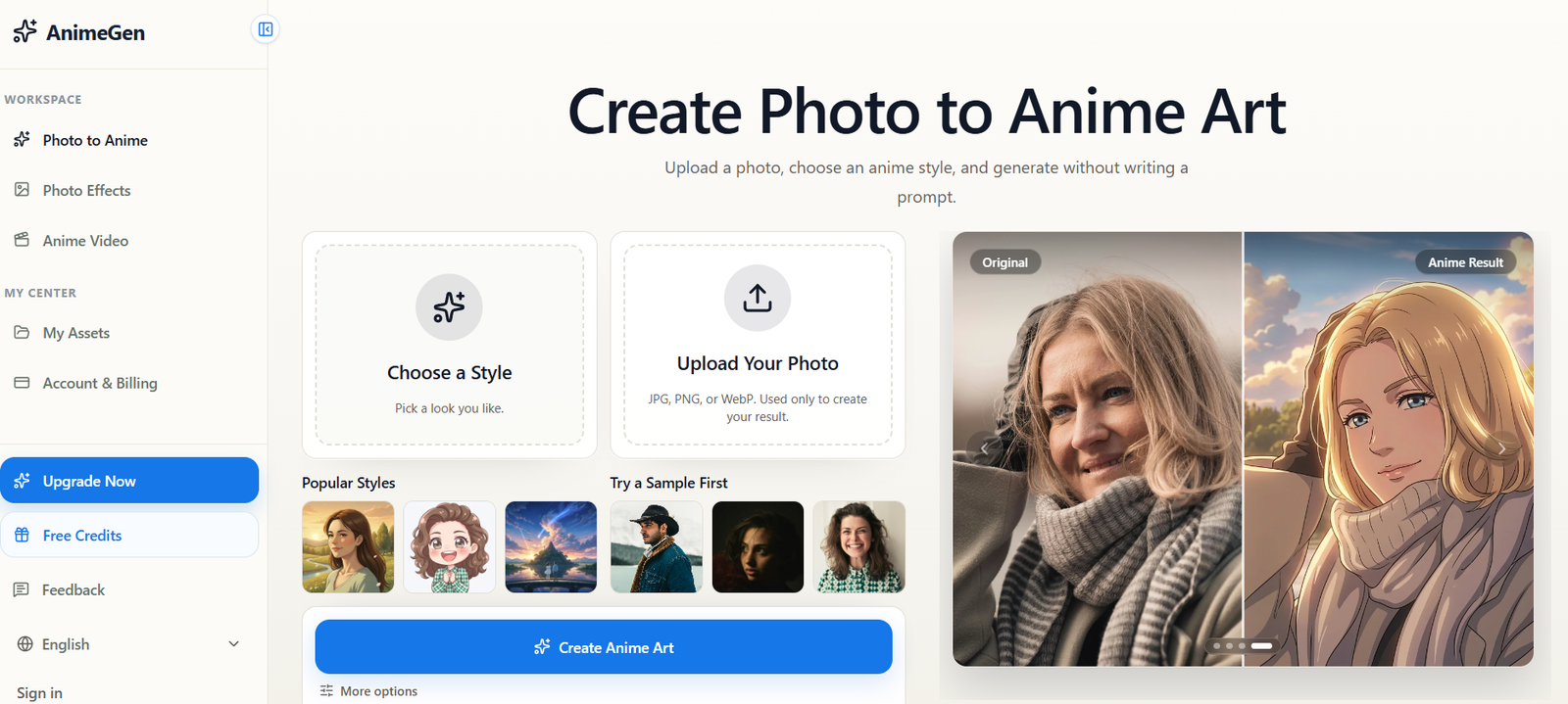 75 - Screenshot of the AnimeGen app UI: left navigation menu, central options to Choose a Style or Upload Your Photo, and a large two-panel anime art preview on the right.