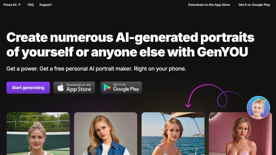 GenYOU hero: bold white headline on dark background with subtitle and purple Start generating button, plus App Store badges below.