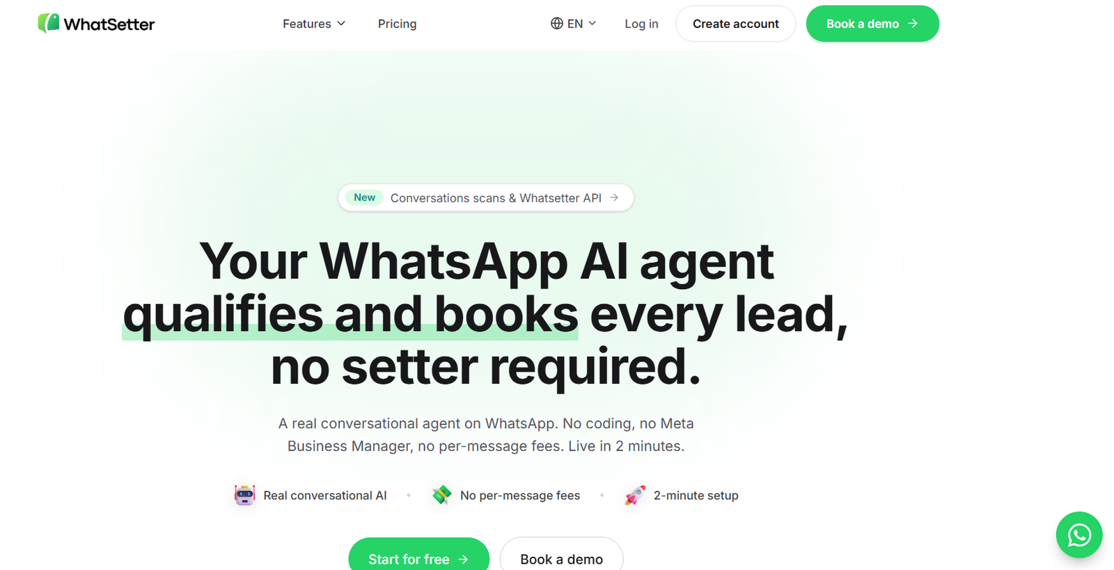 76 - WhatSetter homepage hero: bold headline about an AI agent that qualifies and books every lead, no setter needed, with a pale green gradient background and top navigation showing the logo and buttons.