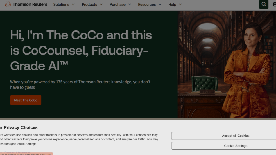 77 - Hero banner: a woman in an ornate orange suit stands in a grand library beside a desk, introducing CoCoCounsel, Fiduciary-Grade AI