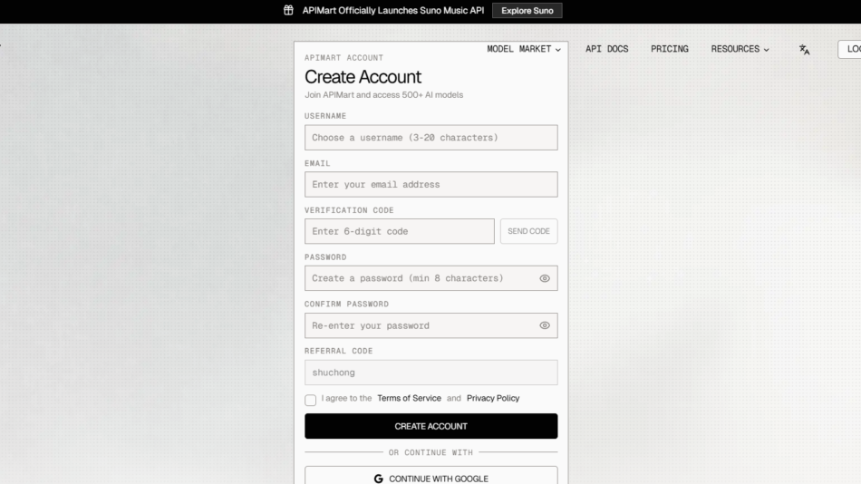 77 - Registration modal titled Create Account with fields for username, email, 6-digit verification code, password, confirm password, referral code, Terms checkbox, and a Create Account button on a dotted gray background.