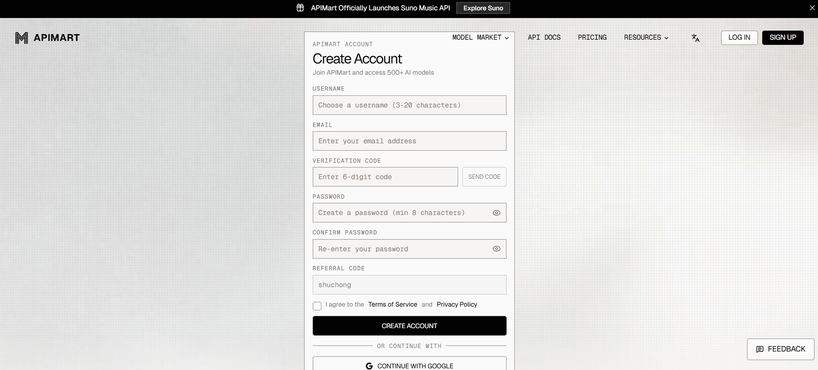 77 - Registration modal titled Create Account with fields for username, email, 6-digit verification code, password, confirm password, referral code, Terms checkbox, and a Create Account button on a dotted gray background.