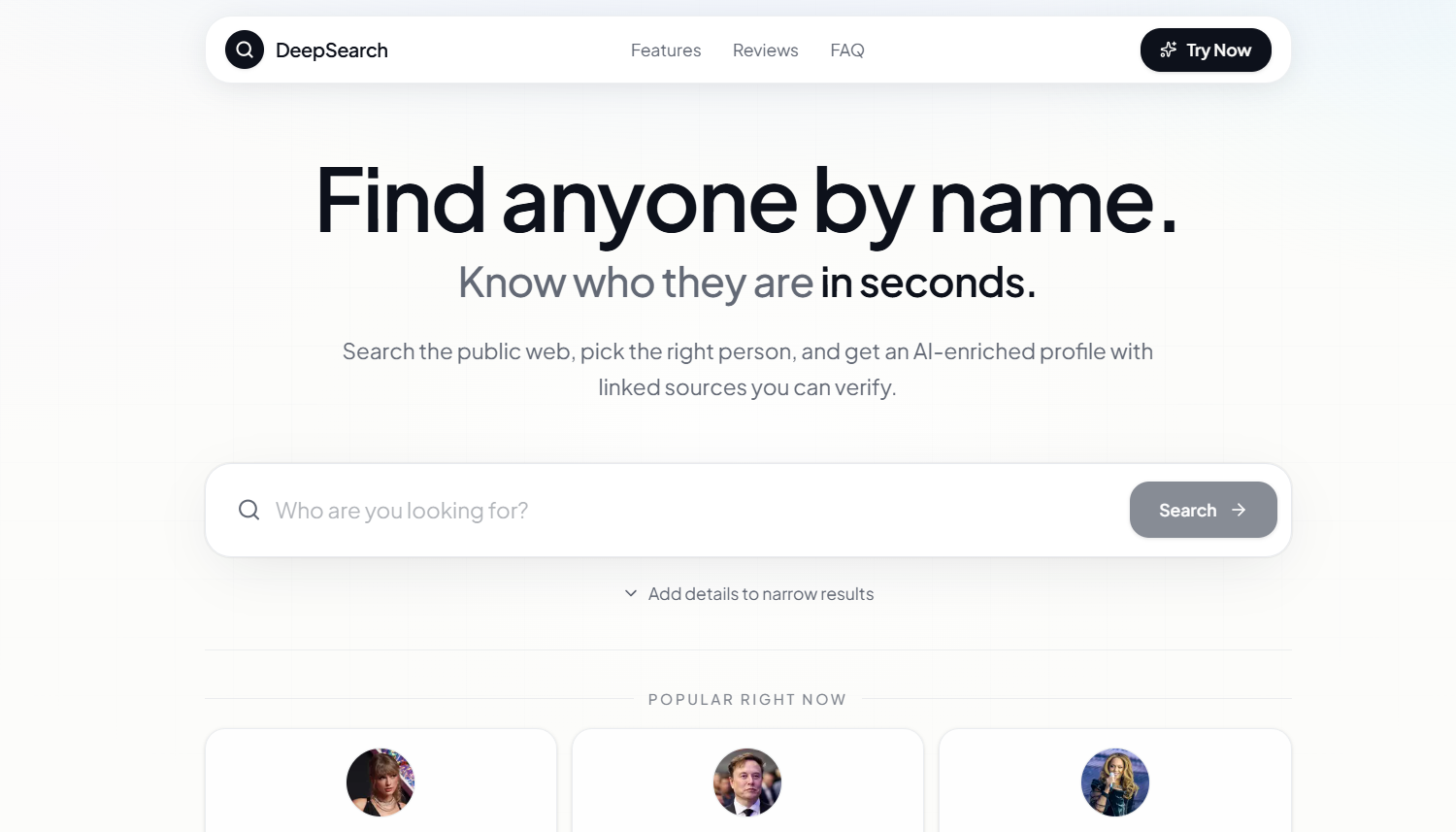77 - Hero section for DeepSearch: large headline 'Find anyone by name' with a rounded search bar and 'Search' button above a soft grid background.