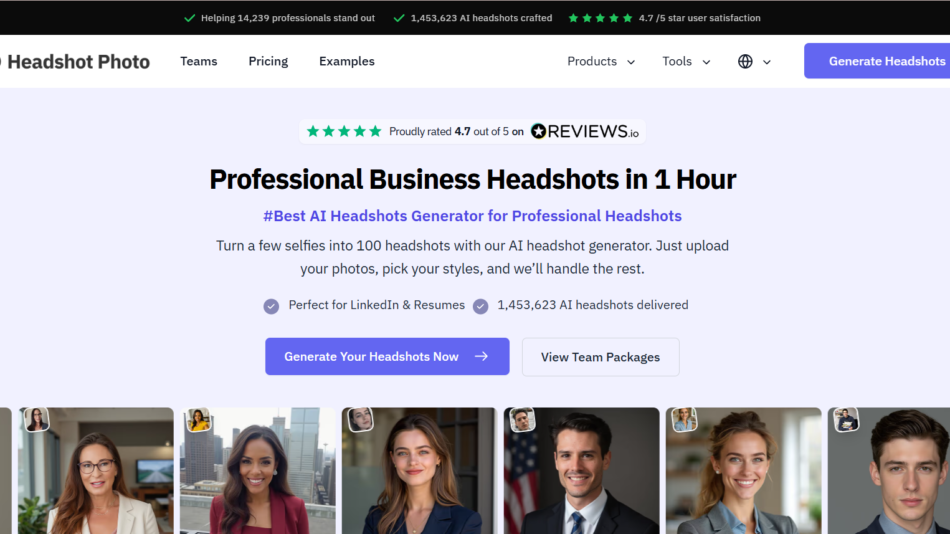Hero section promoting AI headshots: bold headline “Professional Business Headshots in 1 Hour” with a purple “Generate Your Headshots Now” button and a secondary “View Team Packages” button, plus a row of sample headshots below.
