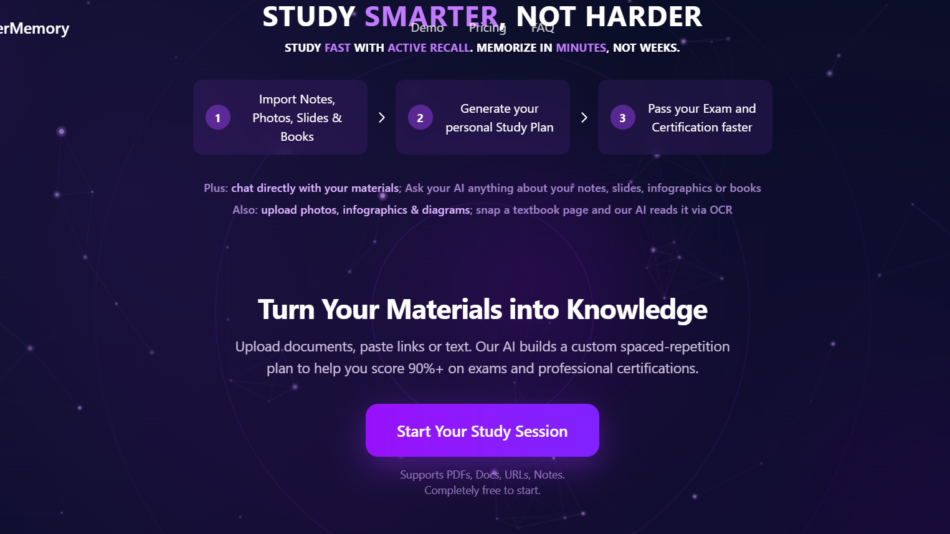 78 - Hero promoting LongTermMemory: 'Study smarter, not harder' with three steps (import notes, generate plan, pass exams) and a purple 'Start Your Study Session' button.