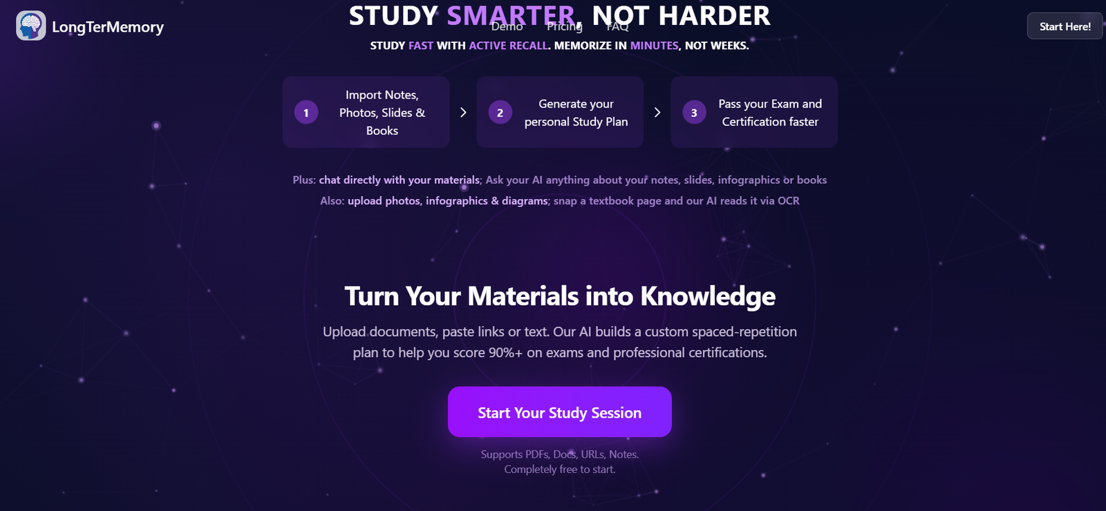78 - Hero promoting LongTermMemory: 'Study smarter, not harder' with three steps (import notes, generate plan, pass exams) and a purple 'Start Your Study Session' button.