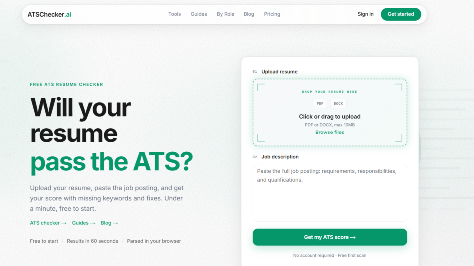 78 - ATSChecker.ai landing hero with bold headline “Will your resume pass the ATS?” and a right-side rounded upload card on a light textured background.