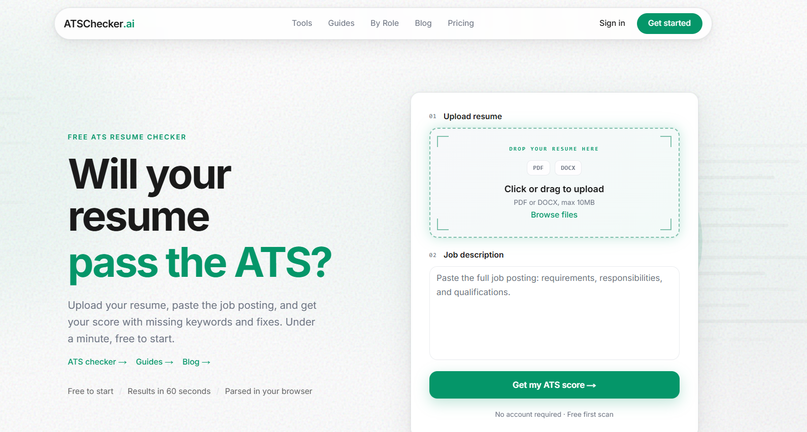 78 - ATSChecker.ai landing hero with bold headline “Will your resume pass the ATS?” and a right-side rounded upload card on a light textured background.