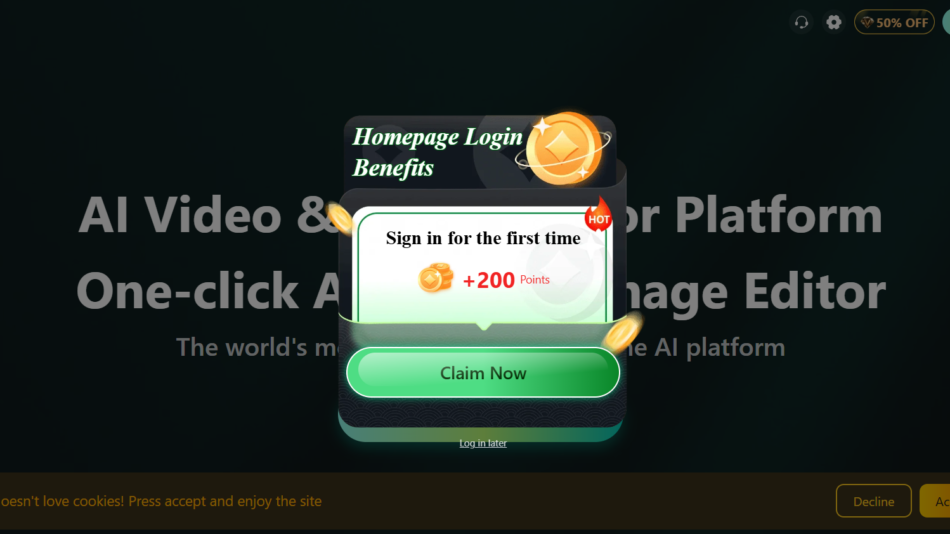 79 - Popup titled 'Homepage Login Benefits' showing coin graphics, '+200 Points' offer and a green 'Claim Now' button